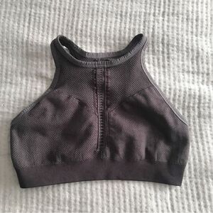 New NUX Racerback Sports Bra High Neck Shredded Cutout Halter Back Gray Small